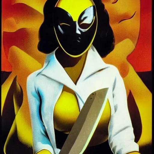 Image similar to giallo movie poster featuring beautiful woman, masked man, knife, italian horror, sharp focus, smooth, psychedelic