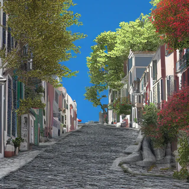 Prompt: portsmouth new hampshire colonial city on positano italy cliff, ocean cliff view, maple trees along street, chimneys on buildings, cobblestone street, light cinematic, volumetric, realistic, cinematic lighting, ray tracing, unreal engine 5, octane render, hyper realistic, photo, 8 k