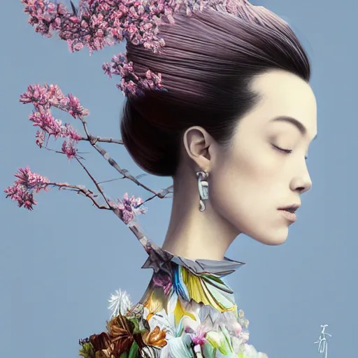 Image similar to 3 / 4 view of a beautiful girl wearing an origami dress, eye - level medium shot, fine floral ornaments in cloth and hair, hummingbirds, elegant, by eiko ishioka, givenchy, craig mullins, by peter mohrbacher, centered, fresh colors, origami, fashion, detailed illustration, vogue, high depth of field, japanese, reallusion character creator