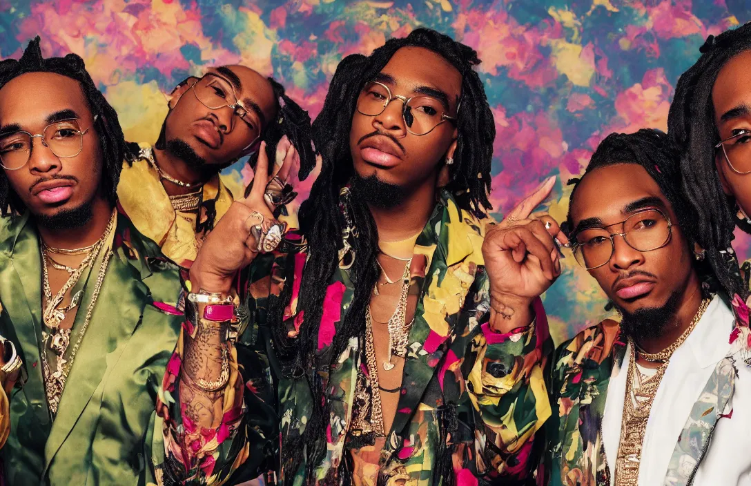 Image similar to photo of the rap group migos members quavo, offset and takeoff, product shot, macro, hyper realistic, 4 k, 8 k