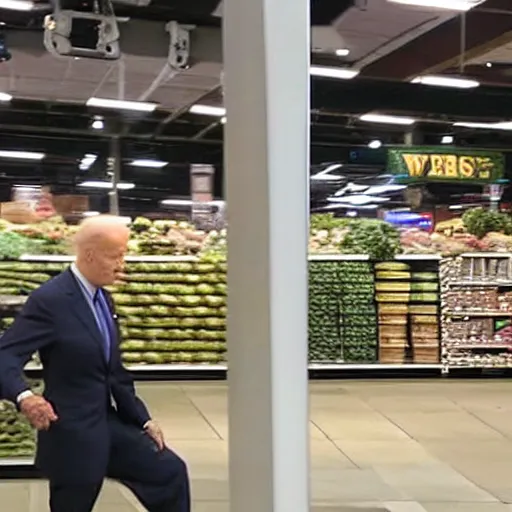 Image similar to joe biden at whole foods grocery store, surveillance camera