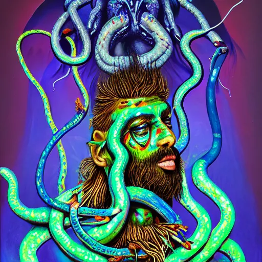 Image similar to a painting of a psychedelic shaman with snakes coming out of his mouth, a surrealist painting, polycount, behance, surrealism, surrealist, lovecraftian, cosmic horror, grotesque