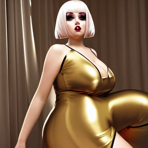 Prompt: thicc curvy feminine goth bombshell cutie with a thin waist in an elaborate polished gold-white latex onepiece dress with stockings, cgsociety, photorealistic, sublime-classy-dignified ambience, 16k, sharp focus, trending on ArtStation, volumetric lighting, fully clothed, worksafe