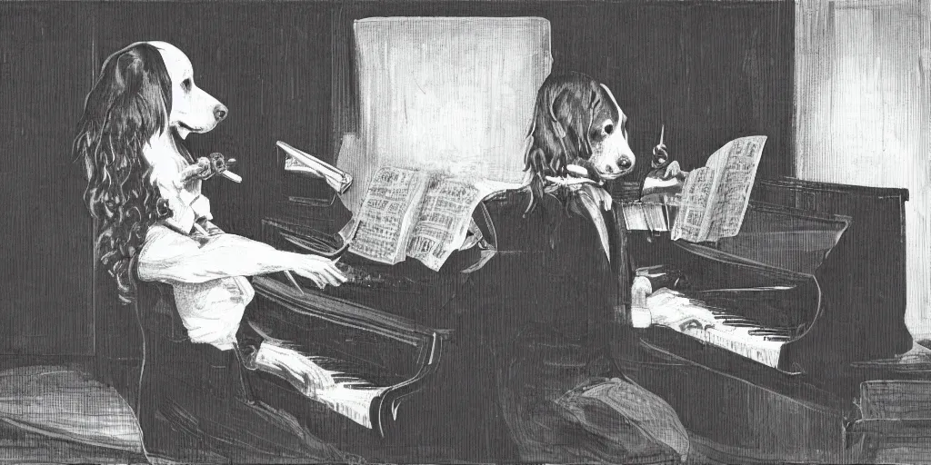 Image similar to sprocker Spaniel playing piano with a Martini on the side, illustration, b&w