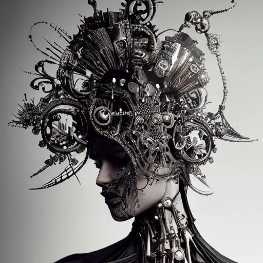 Image similar to a female model by stefan geselle and nekro borja, photorealistic, biomechanical, intricate details, hyper realistic, ornate headpiece, dark beauty, photorealistic, canon r 3, photography, wide shot, photography, dark beauty, symmetrical features