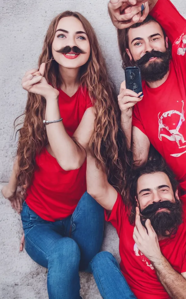 Image similar to A guy in a red t-shirt with a mustache and beard smiles in a selfie. Behind is a girl in a striped T-shirt. photo realistic 4k hd