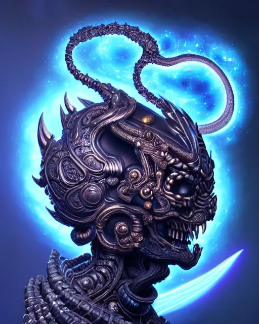 Image similar to 3 d ornate carved dark cosmic warrior with profile portrait, sigma 5 0 0 mm f / 5. beautiful intricate highly detailed quetzalcoatl skull. bioluminescent, plasma, lava, ice, water, wind, creature, thunderstorm! artwork by tooth wu and wlop and beeple and greg rutkowski, 8 k trending on artstation