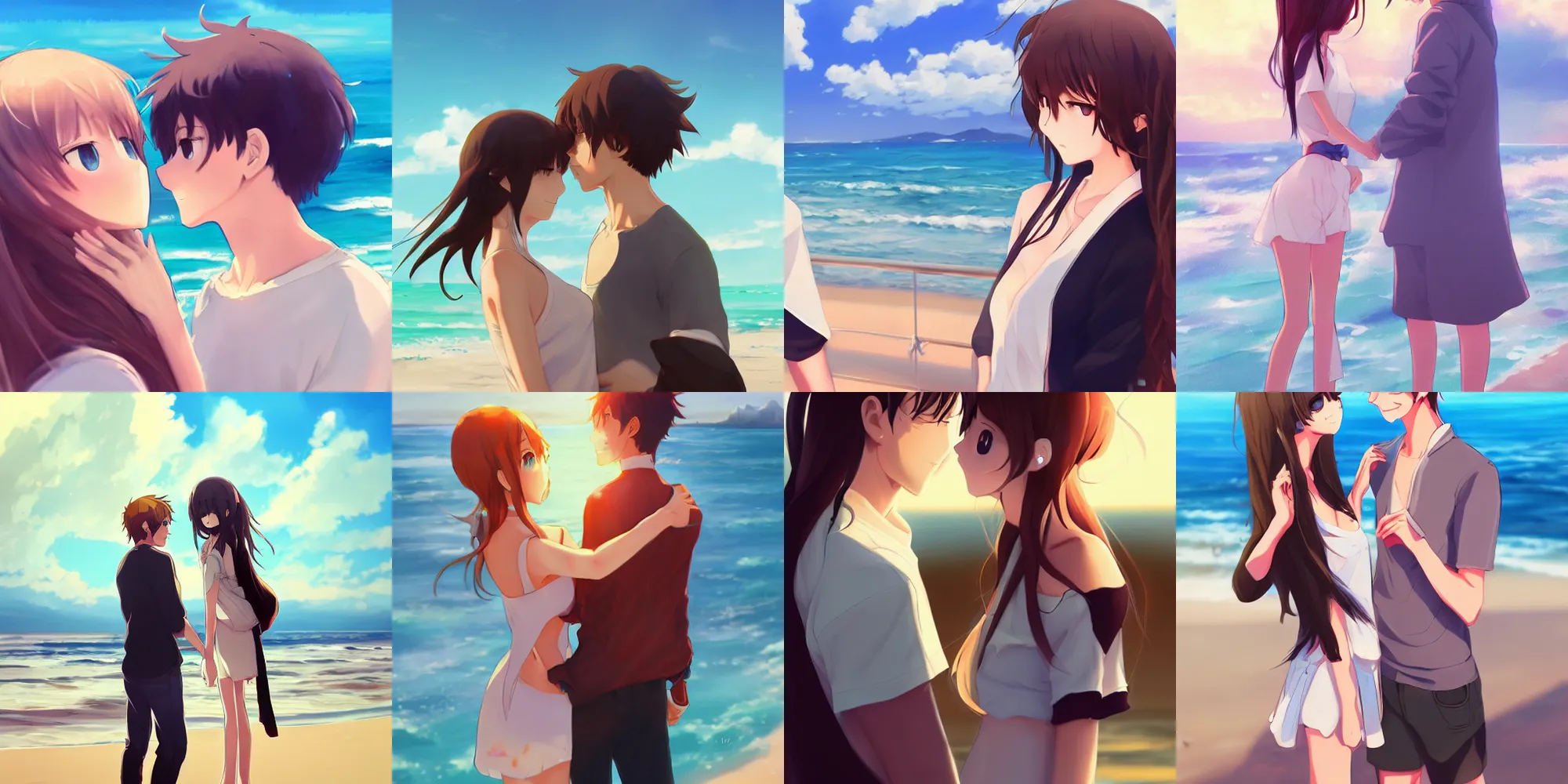 Prompt: very beautiful cute couple on sea beach,hands shaked, anime, trending on artstation, pixiv, makoto shinkai, manga cover