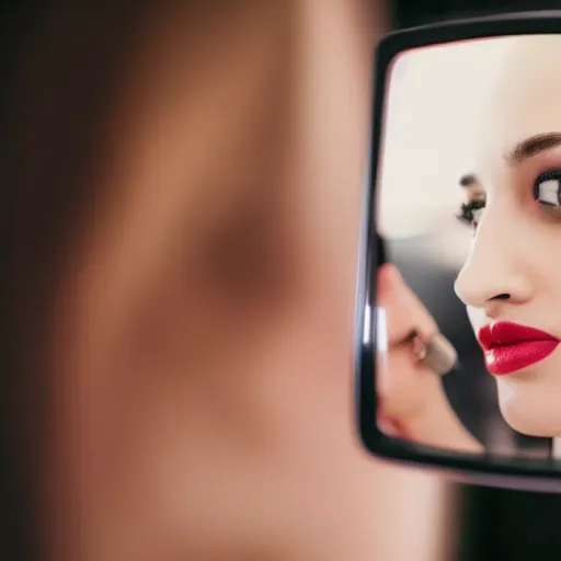 Image similar to a close - up of young woman looking in rear view mirror doing makeup, applying lipstick, photorealistic, hyperrealism, high resolution, ultra - detailed, k 4, kodak portra 4 0 0