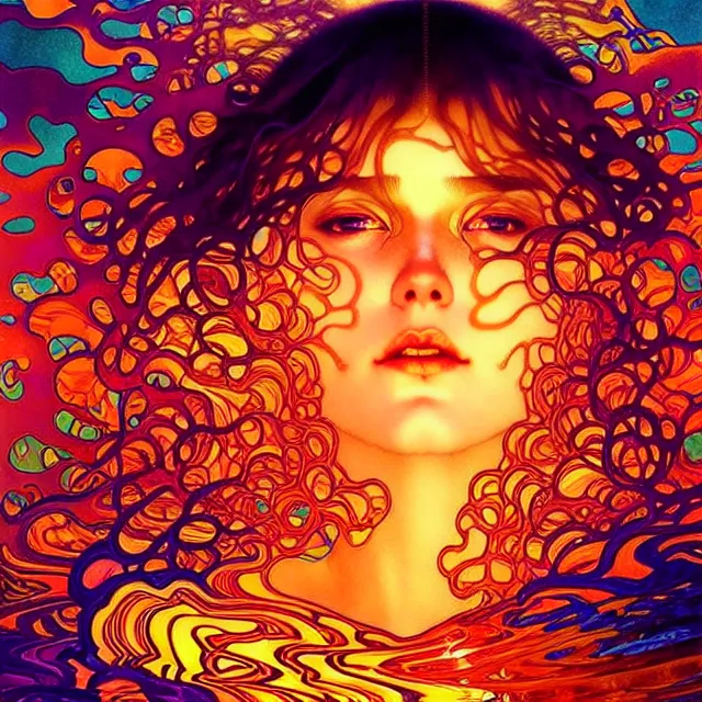 Image similar to mind bending ocean waves of glossy psychedelic liquid honey drops flowing like kaleidoscopic translucent amber, lsd waves, dmt ripples, crystal clear, backlit, sunset, refracted lighting, art by collier, albert aublet, krenz cushart, artem demura, alphonse mucha