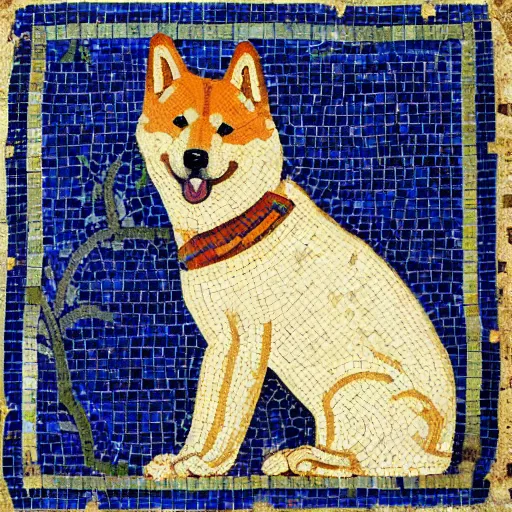 Image similar to an ancient roman tile mosaic depicting a shiba inu in a noble toga