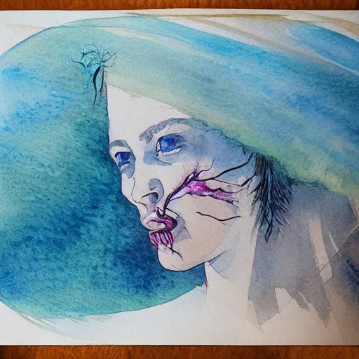 Prompt: the only way to catch a stray breath is by exhaling on glass and releasing from its cage the river that lives among pulsing cilia, watercolour, concept art