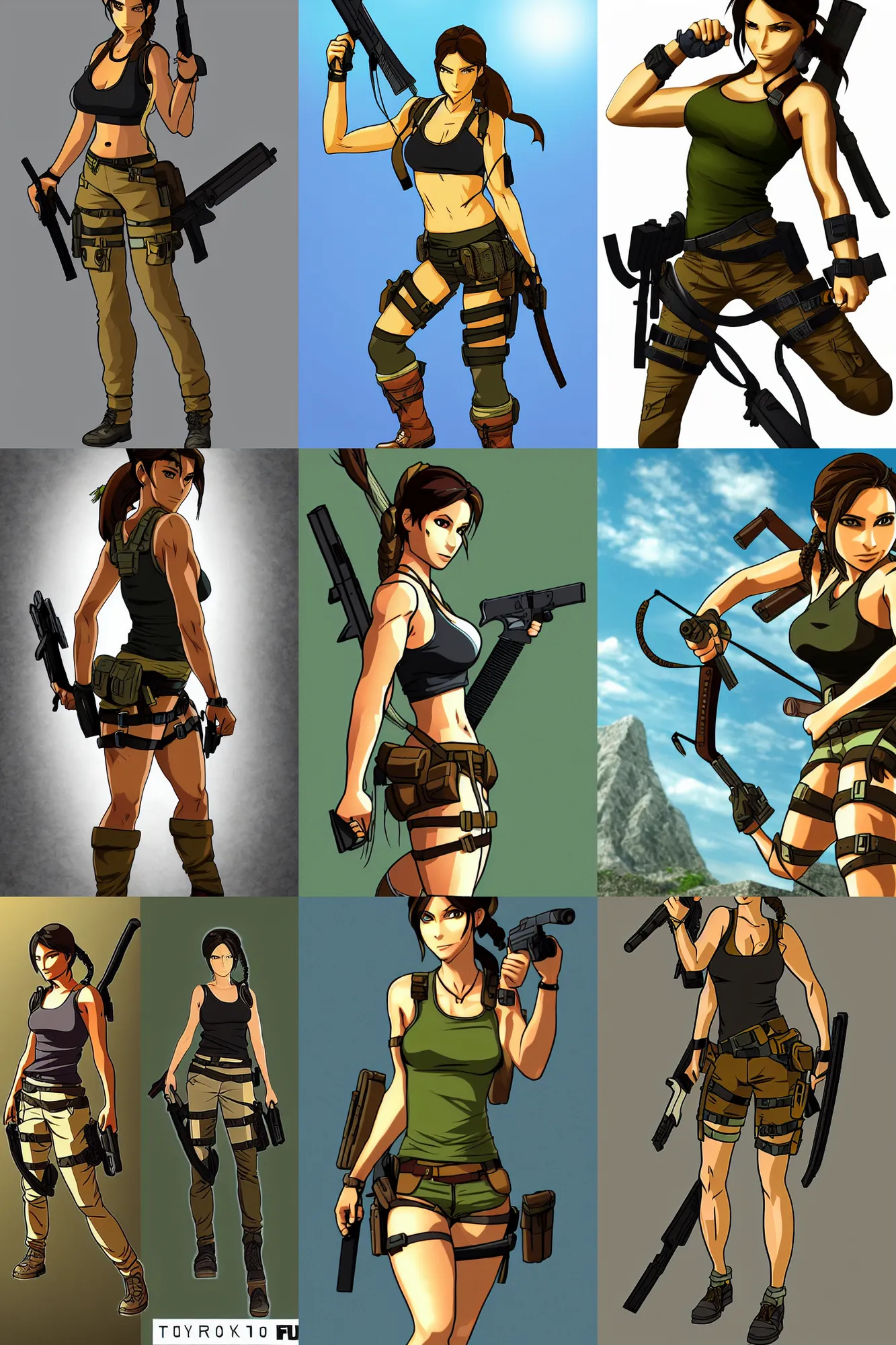 Prompt: Lara Croft from Tomb Raider Anniversary, cell-shading, full body picture, from a 2010s TV TOKYO anime series