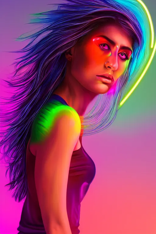 Image similar to a award winning half body portrait of a beautiful woman with stunning eyes in a croptop and cargo pants with rainbow colored ombre hairstyle head in motion and hair flying by thomas danthony, surrounded by whirling illuminated neon lines, outrun, vaporware, shaded flat illustration, digital art, trending on artstation, highly detailed, fine detail, intricate