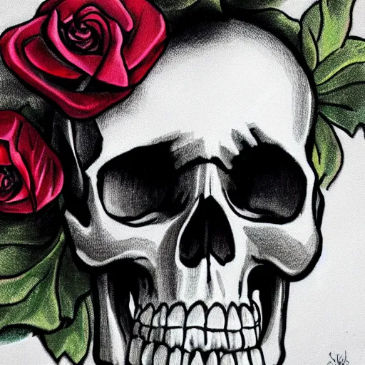 Prompt: skull and roses,