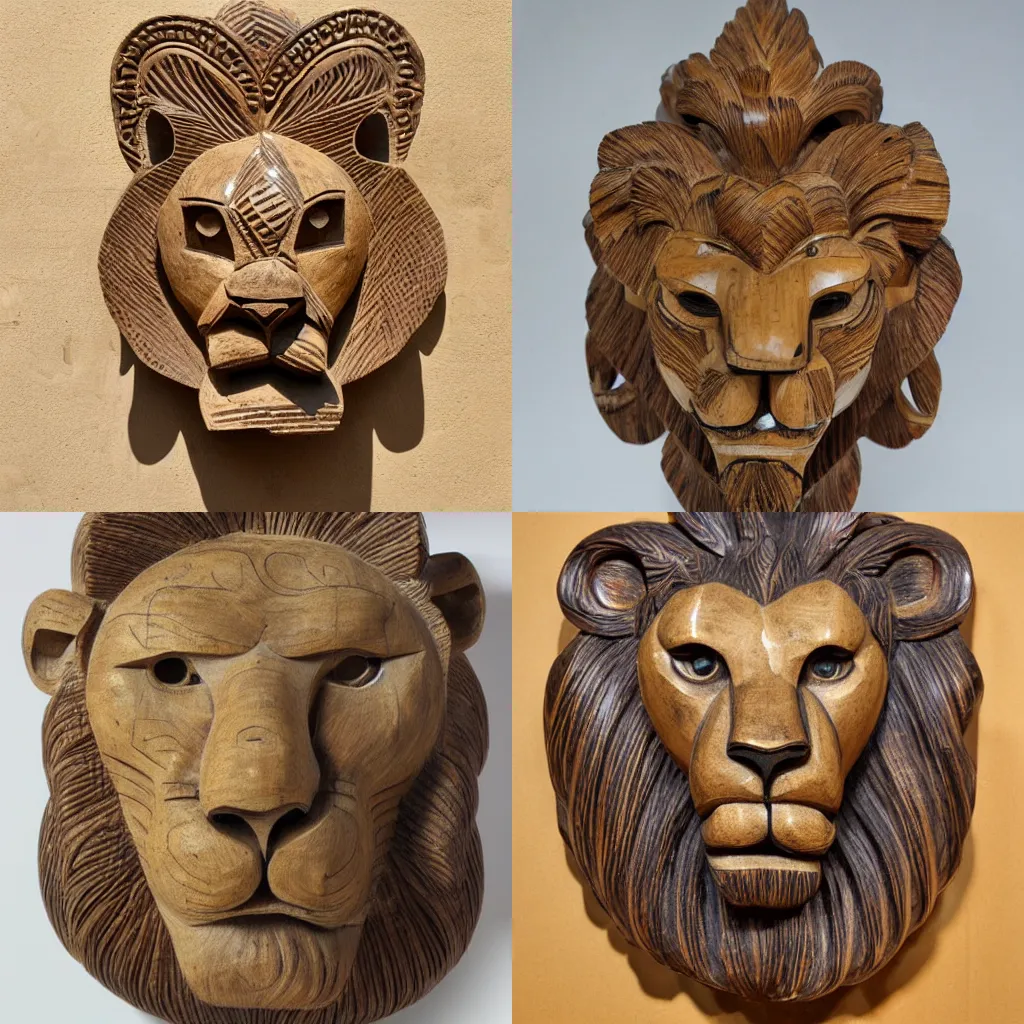 Prompt: a lion head Jati wood sculpture composed from intertwined arabic font, detailed, intricate