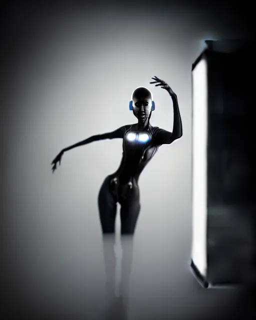 Image similar to black and white high quality photo of a beautiful futuristic dancing female posthuman-insect-cyborg looking into a sci-fi mirror:: volumetric lighting, liminal space, brutalism, foggy, dreamy, hyperdetailed, bokeh, photorealistic, cinematic, masterpiece, Metropolis, elegant, dark, octane render, 8K, in the style of Dora Maar and Man Ray