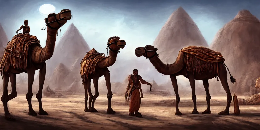 Image similar to bipedal humanoid camel merchants in town square, tents, matte oil painting, retrofuturistic, concept art, quarrying, science fantasy, mutant, lgbt, rpg, epic, rusted, white salt, badlands, jungles, dungeons & dragons, sacred, sharp focus, award - winning, extremely detailed, 4 k, 8 k