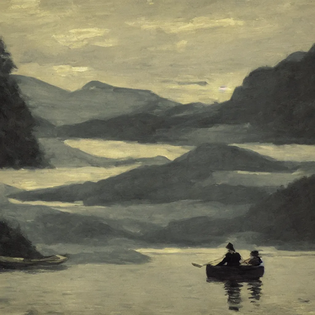 Image similar to one beautiful woman sitting in canoe on the hudson river, mountains in mist in the background, oil painting, style of george bellows