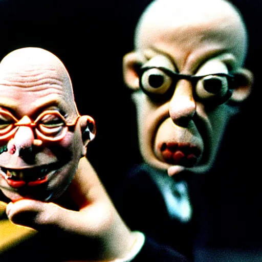 Image similar to claymation klaus schwab by jan svankmajer, hyperrealistic, very detailed, 3 5 mm film still, gothic, horror, eldritch