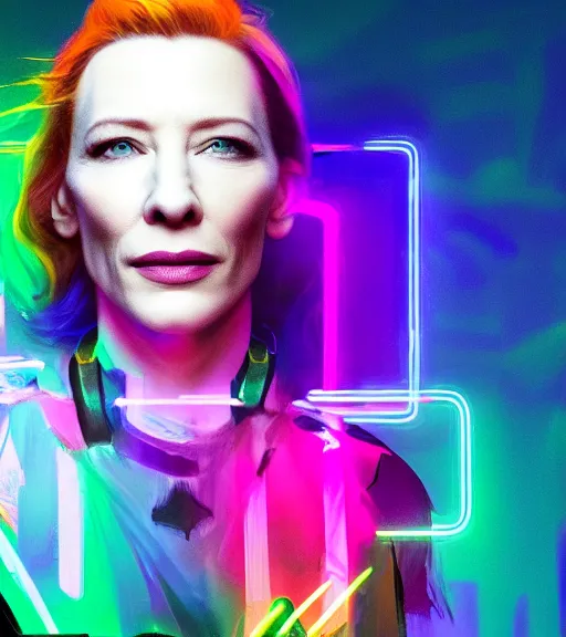 Image similar to cate blanchett ,neon colors, strong lighting, by Josan Gonzalez, HD, 4K