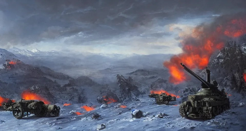 Prompt: second world war aftermath of huge battle on snowy mountain, with anti aircraft guns, with fire and smoke in the background by eugene von guerard, ivan shishkin, dramatic lighting, concept art, trending on artstation, 8 k