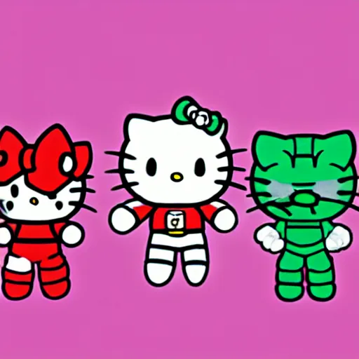 Image similar to hello kitty characters as power rangers, god rays