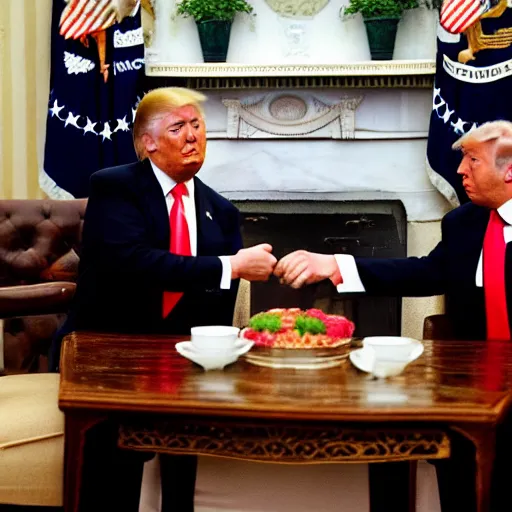 Image similar to donald trump drinking chinese tea with richard nixon, fist - bumping, happy, smiling laughing