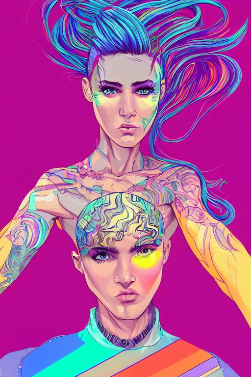 Image similar to a award winning half body portrait of a beautiful woman with stunning eyes in a printed croptop and cargo pants with rainbow colored ombre hairstyle head in motion and hair flying by josan gonzales, outrun, vaporware, shaded flat illustration, digital art, trending on artstation, highly detailed, fine detail, intricate