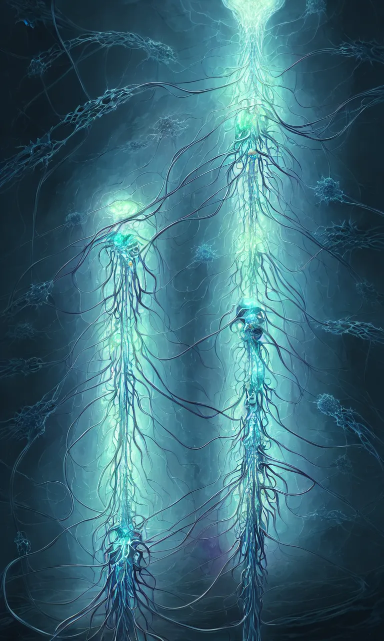 Prompt: internal lymphocyte virion rawandrendered synaptic fractality transmission embryonic beholder figure glial neurons cyberpunk nerve cells microscopic hyphae by wojtekfus facey rossdraws. neuronal iridescent megacity neuron synapse by beksinski. # imaginativerealism