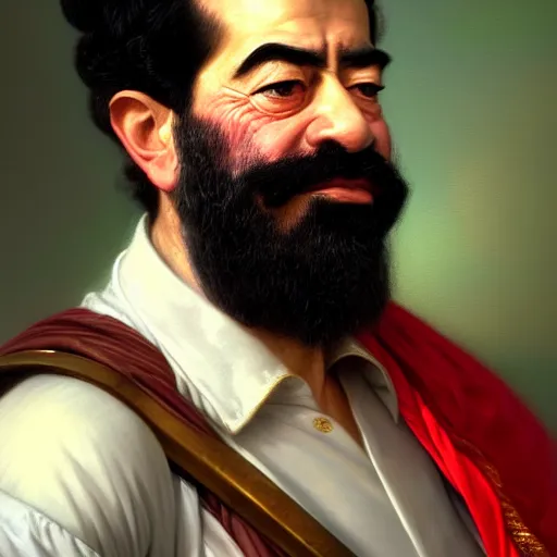 Prompt: A fantasy style portrait painting of Saddam Hussein, in the style of François Boucher, Oil Painting, hyperrealistic, render, Regal, Refined, Detailed Digital Art, RPG portrait, Michael Cheval, William-Adolphe Bouguereau, dynamic lighting, Highly Detailed, Cinematic Lighting, Unreal Engine, 8k, HD, octane render