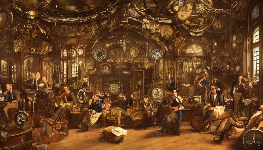 Image similar to coldplay in a circular common room full of antique clocks, high detail, steampunk, fantasy, mechanical, 4 k, trending on artstation