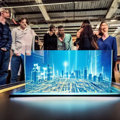 Prompt: people in a warehouse looking at a hologram of futuristic city on a table