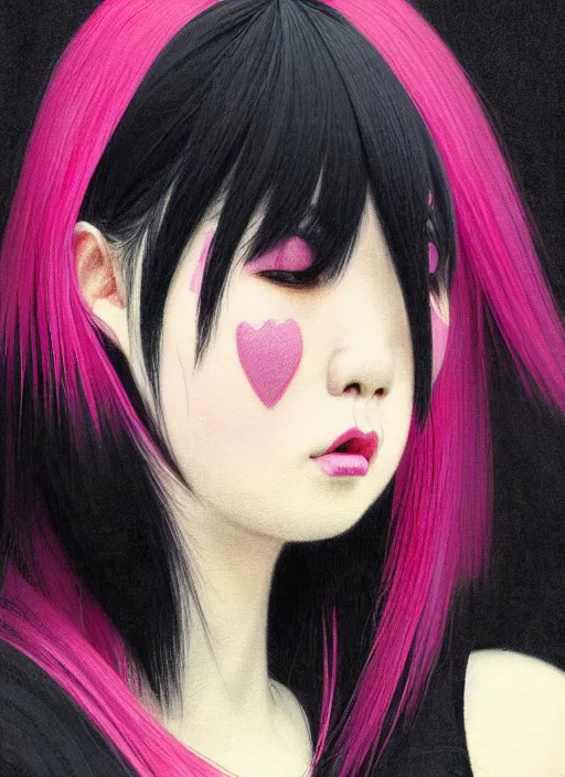 Image similar to portrait of a plump japanese woman with a crooked nose and a confident expression, 1 9 6 0 s, black clothes, goth, punk, brightly coloured hair, funk, intricate, elegant, highly detailed, digital painting, artstation, concept art, smooth, sharp focus, illustration, art by wlop, mars ravelo and greg rutkowski