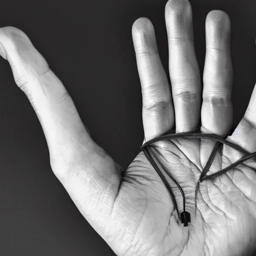 Prompt: a meditating hand with a cable connecting into the palm hindi pose transhumanist accelerationist