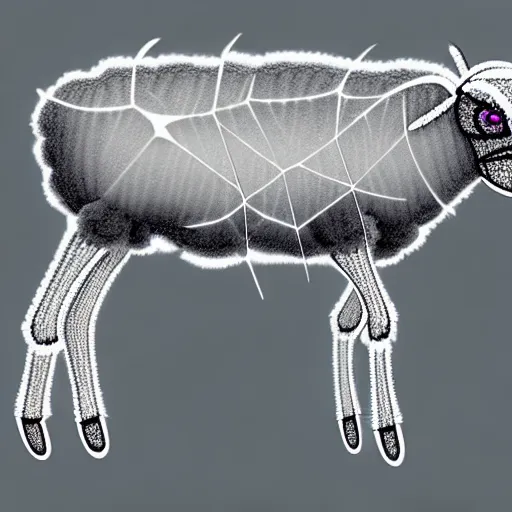 Image similar to transparent flat sheep in spiderweb clothes. fusion between lamb and cobweb. white eyes. pencil sketch, concept artsheep shape morph spider web