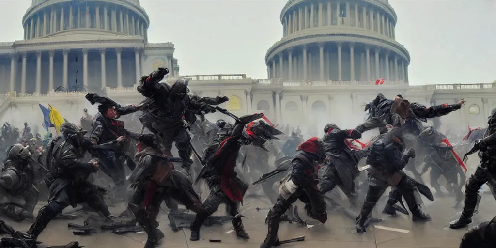 Image similar to character art by ruan jia, man rams barricade at the us capitol as capitol police descend