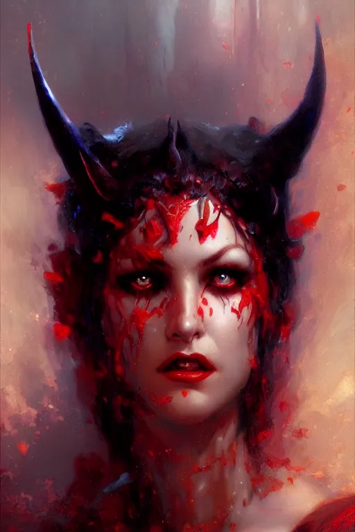 Image similar to attractive demon queen with red eyes painting by gaston bussiere, craig mullins, luis rollo, close - up portrait, digital painting, highly detailed, artstation, sharp focus, illustration, concept art