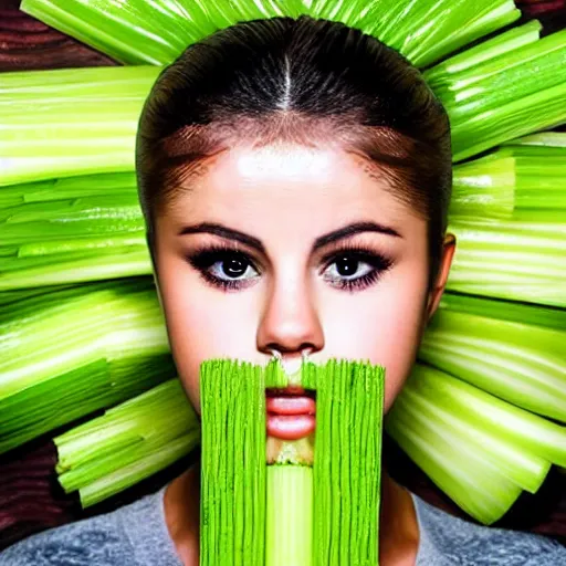 Prompt: selena gomez made out of celery, a human face with celery for hair, celery in the shape of a human face, a bunch of celery sitting on a cutting board, professional food photography, selena gomez wearing green face paint