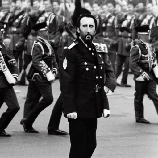 Image similar to Nicolas Cage as a dictator on a parade, archive photo, history