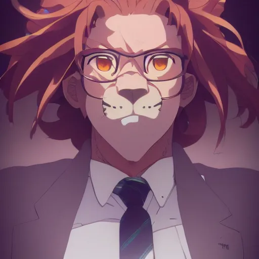 Image similar to a lion wearing a business suit, illustration concept art anime key visual trending pixiv fanbox by wlop and greg rutkowski and makoto shinkai and studio ghibli and kyoto animation symmetrical facial features