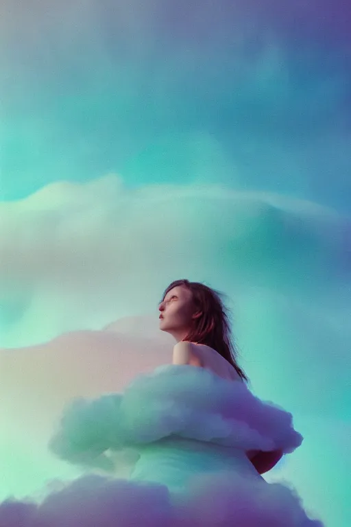 Image similar to high quality pastel coloured film close up wide angle photograph of a model wearing clothing swimming on cloud furniture in a icelandic black rock!! environment in a partially haze filled dreamstate world. three point light, rainbow. photographic production. art directed. pastel colours. volumetric clouds. pastel gradient overlay. waves glitch artefacts. extreme facial clarity. 8 k. filmic.