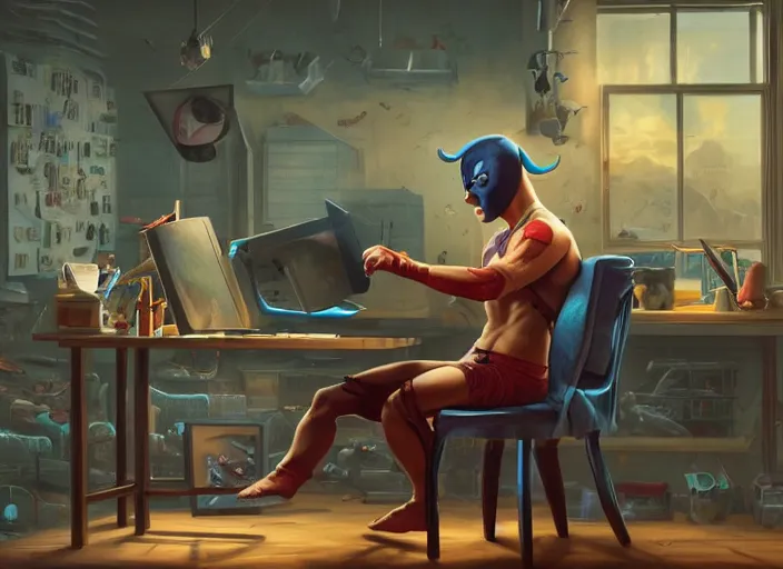 Image similar to an insanely detailed painting of an asian man wearing a homemade superhero costume, sitting at a desk, staring seriously at the computer and typing, in the style of peter mohrbacher, james jean, artgerm, dramatic lighting and composition, surreal background, octane render, pixar, trending on artstation, concept art, comic book, view from behind, 8 k