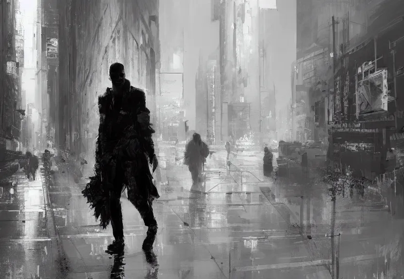 Prompt: painting of the figure of a man in an urban scenery, high contrast, concept art, city, dramatic lighting, digital art, 8 k, extremely detailed, drawn by ruan jia
