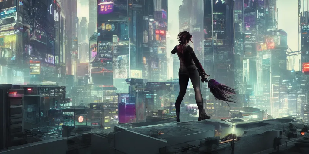 Prompt: Faith Connors running over a rooftop, cyberpunk, nighttime