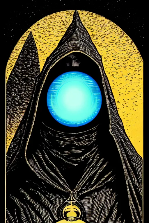 Image similar to wizard in a hooded cloak gazing into a crystal ball, high details, intricately detailed, by vincent di fate, 3 color screen print, masterpiece, trending on artstation, sharp, details, hyper - detailed, hd, 4 k, 8 k