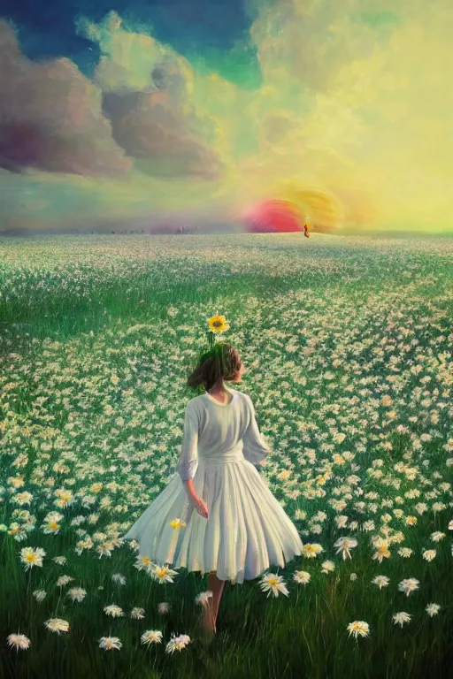 Image similar to large white daisy flower as head, girl dancing in a flower field, surreal photography, sunrise, dramatic light, impressionist painting, colorful clouds, digital painting, artstation, simon stalenhag