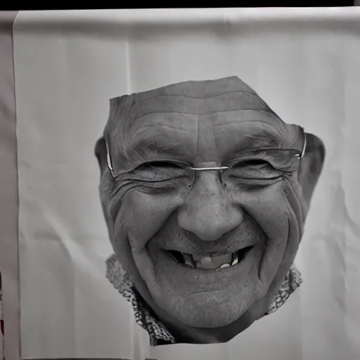 Image similar to a smiling old man seen through a sheet