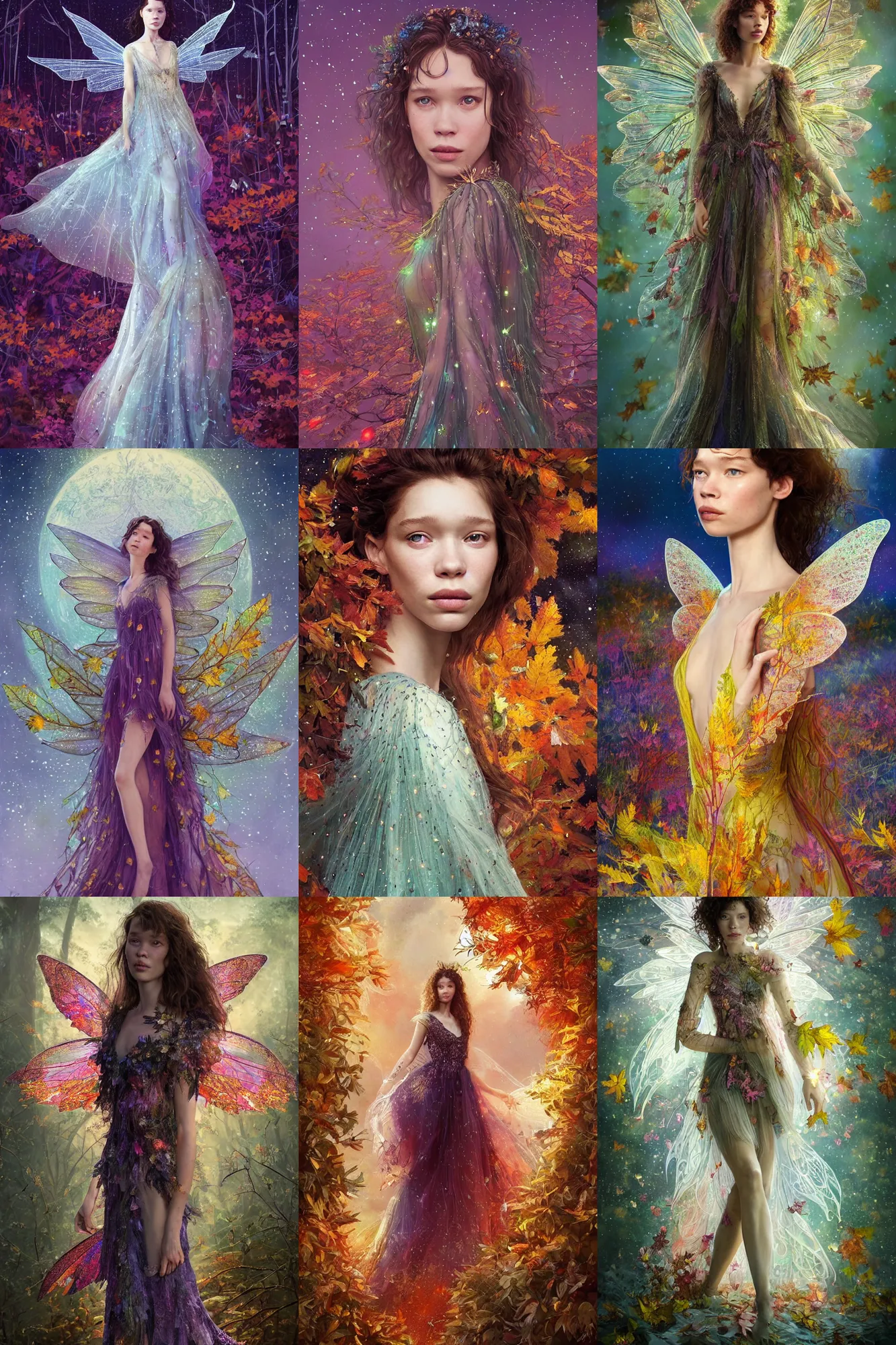 Prompt: masterwork full body portrait of astrid berges frisbey as a fairy. highly detailed sharp focus face. digital illustration. wearing a dress made out of stars. resting on a background of autumn leaves. fluid, dreamy, ethereal, vivid colours. wow! cinematic lighting. trending on artstation. cgsociety. by moebius