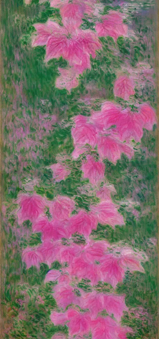 Image similar to beautiful pink dripping clematis by claude monet, oil on canvas